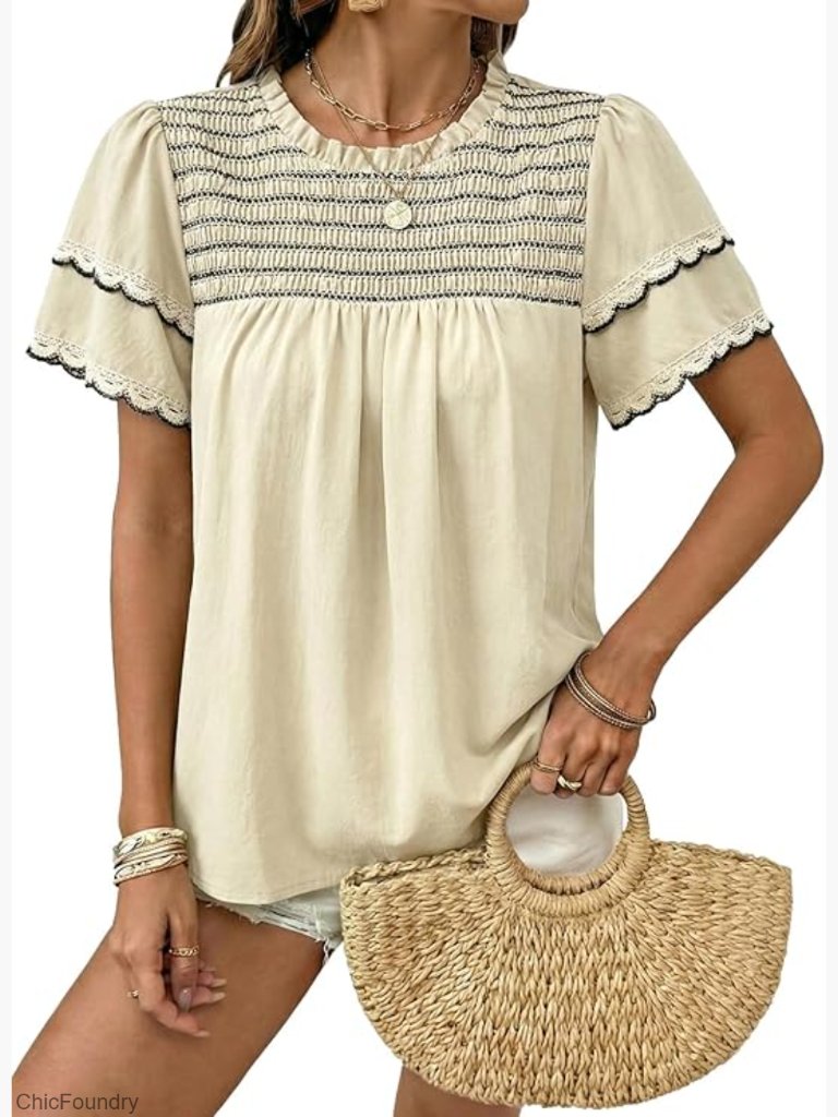 Summer Crewneck Ruffle Short Sleeve Blouse Lightweight Polyester Flowy Fit